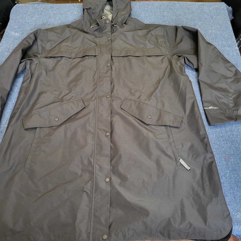 Eddie Bauer Rainfoil Rain Trench Black Waterproof Hooded Jacket Womens XXL NEW